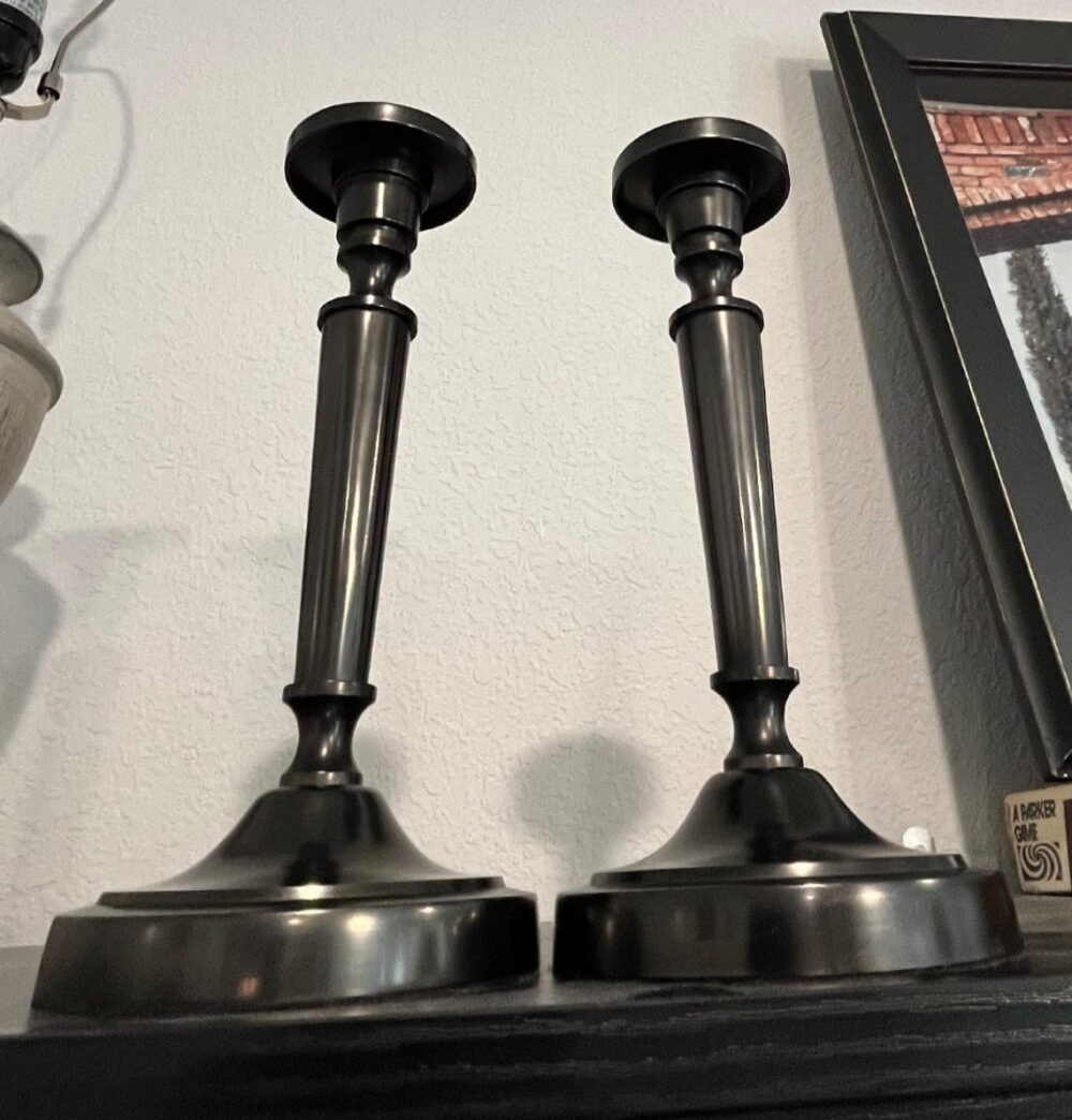 Pair Of Restoration Hardware Bronze Taper Candle Candlesticks